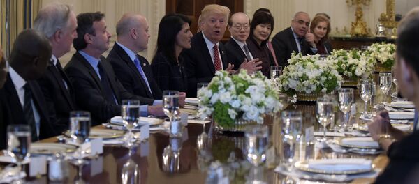President Donald Trump, sitting next to U.S. Ambassador to the UN Nikki Haley, speaks during a working lunch with ambassadors of countries on the United Nations Security Council and their spouses in the State Dining Room of the White House in Washington President Donald Trump, sitting next to U.S. Ambassador to the UN Nikki Haley, speaks during a working lunch with ambassadors of countries on the United Nations Security Council and their spouses in the State Dining Room of the White House in Washington - Sputnik International