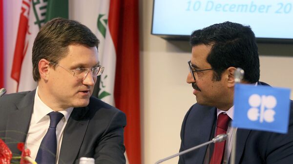 Russian Minister of Energy Alexander Novak, left, and Mohammed Bin Saleh Al-Sada, Minister of Energy and Industry of Qatar and President of the OPEC Conference attend a news conference after a meeting of the Organization of the Petroleum Exporting Countries, OPEC, at their headquarters in Vienna, Austria, Saturday, Dec. 10, 2016 - Sputnik International