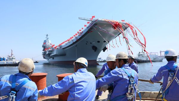 China's first domestically built aircraft carrier is seen during its launching ceremony in Dalian, China April 26, 2017 - Sputnik International