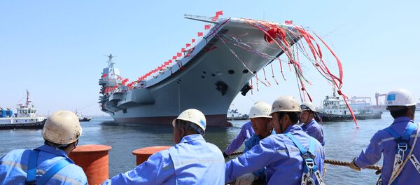 China's first domestically built aircraft carrier is seen during its launching ceremony in Dalian, China April 26, 2017 - Sputnik International