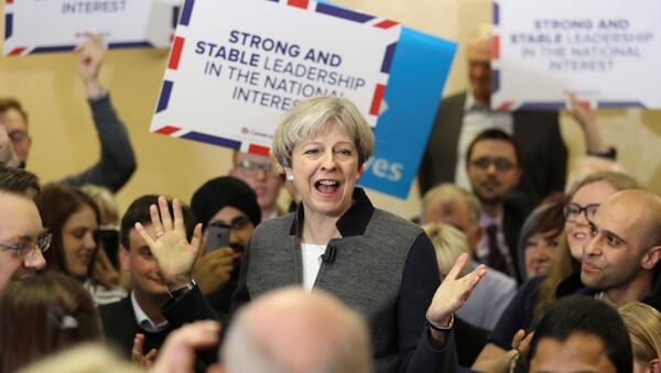 Britain's Prime Minster Theresa May delivers a stump speech at Netherton Conservative Club during the Conservative Party's election campaign, in Dudley April 22, 2017 - Sputnik International
