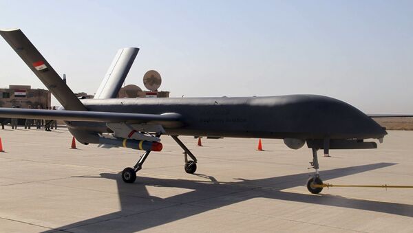 The first drone to be used by the Iraqi Air Force, loaded with ordnance, prepares to take-off to attack Islamic State group positions at an airbase in Kut, 100 miles (160 kilometers) southeast of Baghdad, Iraq (File) - Sputnik International