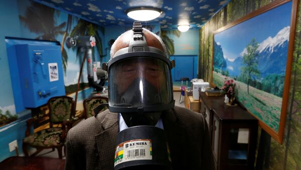 Seiichiro Nishimoto, CEO of Shelter Co., poses wearing a gas mask at a model room for the company's nuclear shelters in the basement of his house in Osaka, Japan April 26, 2017 - Sputnik International
