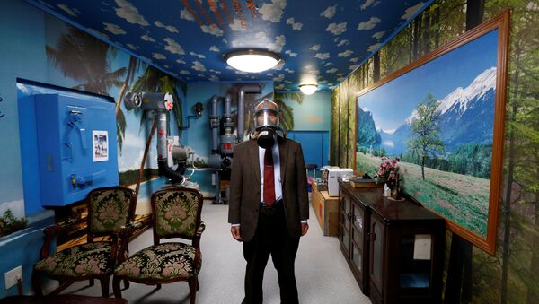 Seiichiro Nishimoto, CEO of Shelter Co., poses wearing a gas mask at a model room for the company's nuclear shelters in the basement of his house in Osaka, Japan April 26, 2017 - Sputnik International