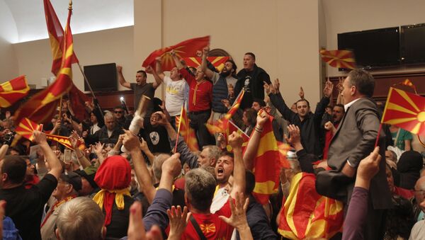 Protestors shout after entering into the parliament building in Skopje, Macedonia, Thursday, April 27, 2017. - Sputnik International