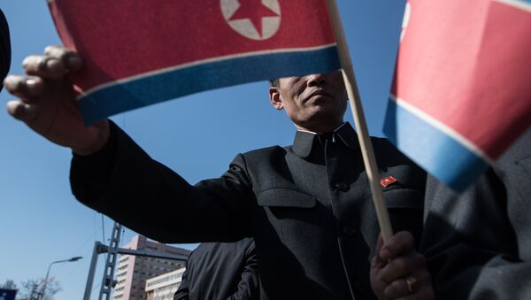 The man holds flag of the Democratic People's Republic of Koreain in Pyongyang. (File) - Sputnik International