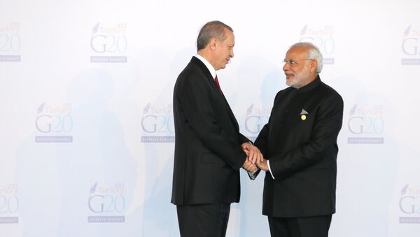 Turkish President Recep Tayyip Erdogan, left, and Indian Prime Minister Narendra Modi at the opening of G20 summit in Antalya, Turkey, November 15, 2015. - Sputnik International