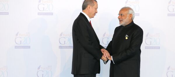 Turkish President Recep Tayyip Erdogan, left, and Indian Prime Minister Narendra Modi at the opening of G20 summit in Antalya, Turkey, November 15, 2015. Turkish President Recep Tayyip Erdogan, left, and Indian Prime Minister Narendra Modi at the opening of G20 summit in Antalya, Turkey, November 15, 2015. - Sputnik International