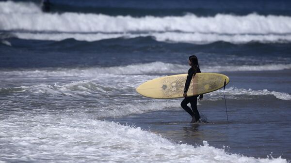 A surfer strolls into the waves at Cardiff State Beach in Encinitas, Calif. - Sputnik International