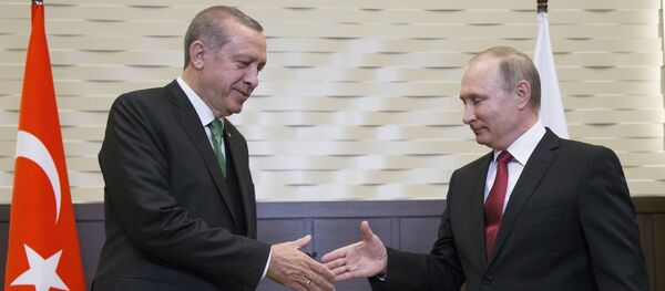 Russian President Vladimir Putin, right, and his Turkish counterpart Recep Tayyip Erdogan shake hands prior to their talks in Putin's residence in the Russian Black Sea resort of Sochi, Russia, Wednesday, May 3, 2017 Russian President Vladimir Putin, right, and his Turkish counterpart Recep Tayyip Erdogan shake hands prior to their talks in Putin's residence in the Russian Black Sea resort of Sochi, Russia, Wednesday, May 3, 2017 - Sputnik International