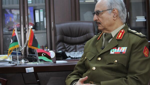 In this March 18, 2015 file photo, Gen. Khalifa Haftar speaks during an interview with The Associated Press in al-Marj, Libya. - Sputnik International
