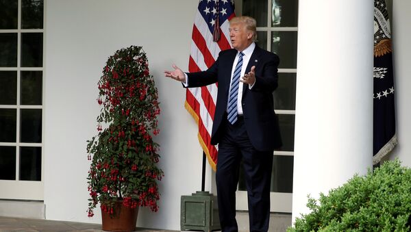 US President Donald Trump speaks to staffers setting up for the Commander in Chief's trophy presentation in the Rose Garden of the White House in Washington, US, May 2, 2017. - Sputnik International