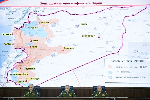 From left, Col. Gen. Sergei Rudskoi of the Russian General Staff, Deputy Defense Minister Alexander Fomin and Lt. Gen. Stanislav Gadzhimagomedov attend a briefing in the Defense Ministry in Moscow, Russia, Friday, May 5, 2017. Map displayed in the background shows regions controlled by the Syrian Army (in red), the de-escalation zones (in green), and areas controlled by Daesh (in dark blue). - Sputnik International