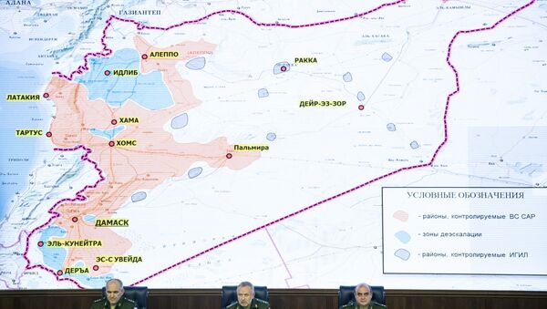 From left, Col. Gen. Sergei Rudskoi of the Russian General Staff, Deputy Defense Minister Alexander Fomin and Lt. Gen. Stanislav Gadzhimagomedov attend a briefing in the Defense Ministry in Moscow, Russia, Friday, May 5, 2017. Map displayed in the background shows regions controlled by the Syrian Army (in red), the de-escalation zones (in green), and areas controlled by Daesh (in dark blue). - Sputnik International