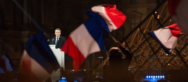 French President elect Emmanuel Macron on the stage at his victory rally near the Louvre in Paris, France May 7, 2017. - Sputnik International