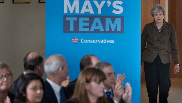Britain's Prime Minister Theresa May arrives to address Conservative parliamentary candidates for London and the south east at the Dhamecha Lohana Centre in Harrow, north west London, May 8, 2017 - Sputnik International