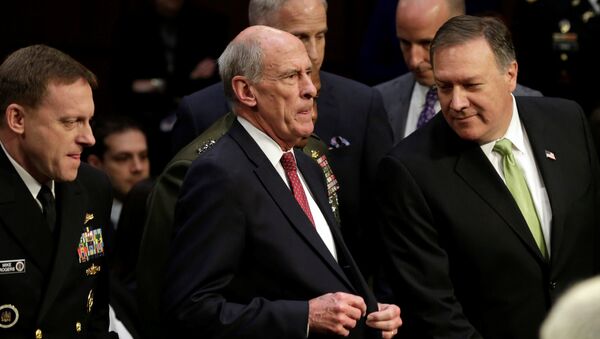 L-R) NSA Director Adm. Mike Rogers, Director of National Intelligence Daniel Coats and CIA Director Mike Pompeo arrive to testify before a Senate Intelligence Committee hearing on Capitol Hill in Washington, U.S., May 11, 2017 - Sputnik International