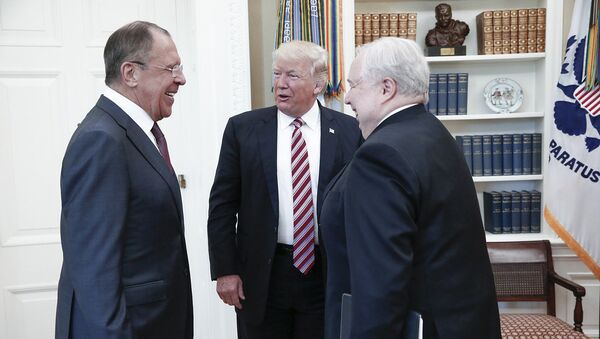A handout photo made available by the Russian Foreign Ministry on May 10, 2017 shows US President Donald J. Trump (C) speaking with Russian Foreign Minister Sergei Lavrov (L) and Russian Ambassador to the U.S. Sergei Kislyak during a meeting at the White House in Washington, DC - Sputnik International
