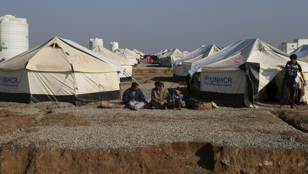 Displaced Iraqis, who fled fighting between Iraqi security forces and Islamic State militants, sit at the Hassan Sham camp, east of Mosul, Iraq, Monday, Jan. 23, 2017 - Sputnik International