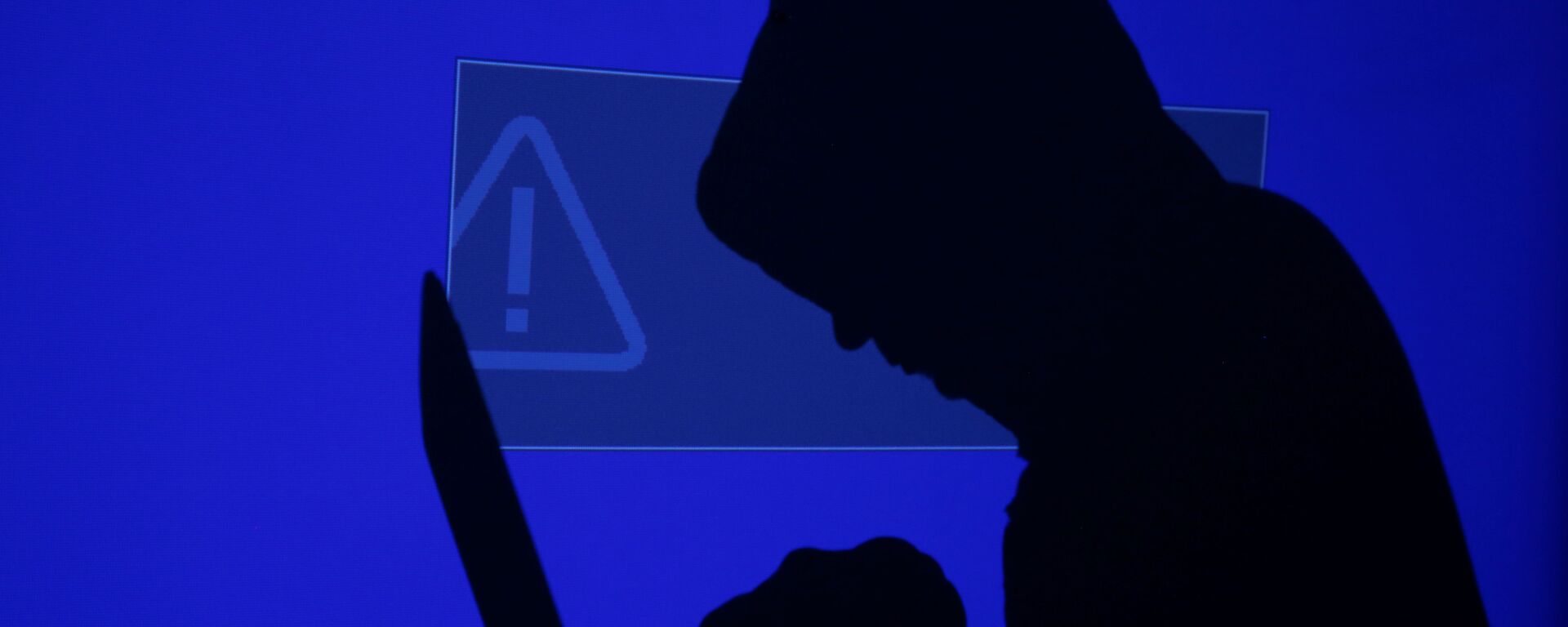 A hooded man holds a laptop computer as blue screen with an exclamation mark is projected on him in this illustration picture taken on May 13, 2017 - Sputnik International, 1920, 08.11.2021