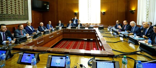 United Nations Special Envoy for Syria Staffan de Mistura and Syrian government negotiator Bashar Ja'afari attend a meeting during Intra Syria talks along with their delegations at the U.N. in Geneva, Switzerland, May 16, 2017 United Nations Special Envoy for Syria Staffan de Mistura and Syrian government negotiator Bashar Ja'afari attend a meeting during Intra Syria talks along with their delegations at the U.N. in Geneva, Switzerland, May 16, 2017 - Sputnik International
