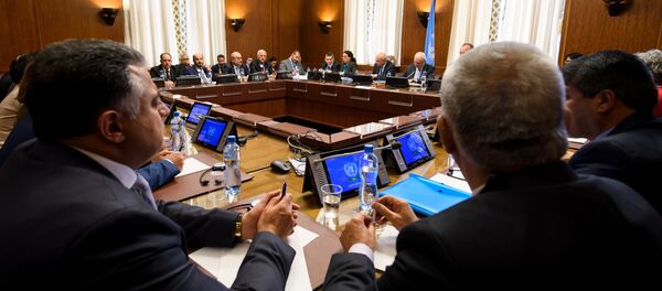 General view during a meeting of a delegation of Syria's main opposition High Negotiations Committee (HNC) with UN Special Envoy for Syria during peace talks at the United Nations Offices in Geneva, Switzerland, May 19, 2017 General view during a meeting of a delegation of Syria's main opposition High Negotiations Committee (HNC) with UN Special Envoy for Syria during peace talks at the United Nations Offices in Geneva, Switzerland, May 19, 2017 - Sputnik International