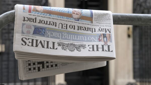 A copy of the March 30 edition of The Times newspaper with the headline May threat to EU terror pact is pictured outside 10 Downing Street in central London on March 30, 2017 - Sputnik International