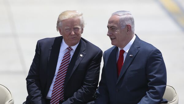 US President Donald Trump and Israeli Prime Minister Benjamin Netanyahu talk during welcome ceremony in Tel Aviv, Monday, May 22,2017 - Sputnik International