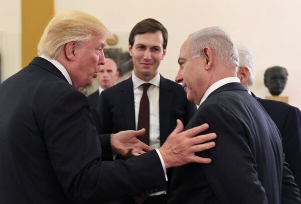 Israel's Prime Minister Benjamin Netanyahu and U.S. President Donald Trump chat as White House senior advisor Jared Kushner is seen in between them, during their meeting at the King David hotel in Jerusalem May 22, 2017 Israel's Prime Minister Benjamin Netanyahu and U.S. President Donald Trump chat as White House senior advisor Jared Kushner is seen in between them, during their meeting at the King David hotel in Jerusalem May 22, 2017 - Sputnik International