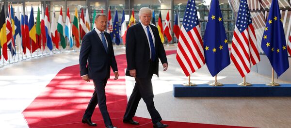 U.S. President Donald Trump (R) walks with the President of the European Council Donald Tusk in Brussels, Belgium, May 25, 2017. U.S. President Donald Trump (R) walks with the President of the European Council Donald Tusk in Brussels, Belgium, May 25, 2017. - Sputnik International