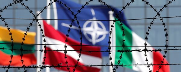 The NATO flag is seen through barbed wire as it flies in front of the new NATO Headquarters in Brussels, Belgium May 24, 2017 - Sputnik International
