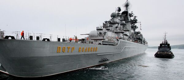 The Pyotr Veliky missile cruiser seen in the Strelok Gulf. File photo The Pyotr Veliky missile cruiser seen in the Strelok Gulf. File photo - Sputnik International