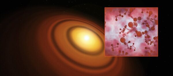This artist’s impression shows the closest known protoplanetary disc, around the star TW Hydrae in the huge constellation of Hydra (The Female Watersnake). The organic molecule methyl alcohol (methanol) has been found by ALMA in this disc This artist’s impression shows the closest known protoplanetary disc, around the star TW Hydrae in the huge constellation of Hydra (The Female Watersnake). The organic molecule methyl alcohol (methanol) has been found by ALMA in this disc - Sputnik International