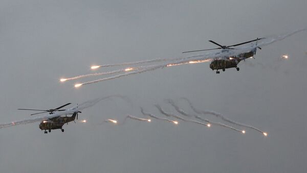 South Korean army Surion helicopters fire flares during a South Korea-U.S. joint military live-fire drills at Seungjin Fire Training Field in Pocheon, South Korea, - Sputnik International