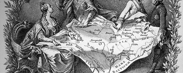 The first partition of Poland, 1772. In the Middle Ages, Poland was a large kingdom. Partly because of its unworkable Parliament, Poland fell prey to the greed of its powerful neighbors, and in 1772, Russia, Prussia, and Austria signed the first treaty to dismember Poland. Further partitions came in 1793 and 1795, by which time Poland ceased to exist as an independent nation. On the left here is Catherine II of Russia. At the right are Joseph II of Austria and Frederick the Great of Prussia - Sputnik International