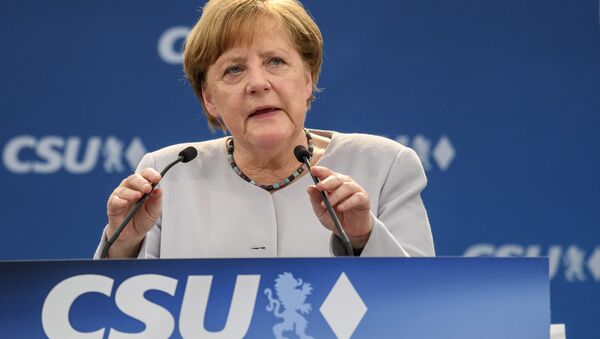 German Chancellor Angela Merkel delivers a speech during an election campaign of her Christian Democratic Union, CDU, and the Christian Social Union, CSU, in Munich, southern Germany, Sunday, May 28, 2017 - Sputnik International