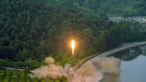 A ballistic rocket is test-fired through a precision control guidance system in this undated photo released by North Korea's Korean Central News Agency (KCNA) May 30, 2017 - Sputnik International