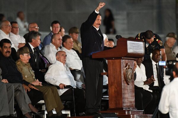 Nicaraguan President Daniel Ortega speaks during a gathering in memory of Cuban revolutionary leader Fidel Castro on Havana's Revolution Square Nicaraguan President Daniel Ortega speaks during a gathering in memory of Cuban revolutionary leader Fidel Castro on Havana's Revolution Square - Sputnik International