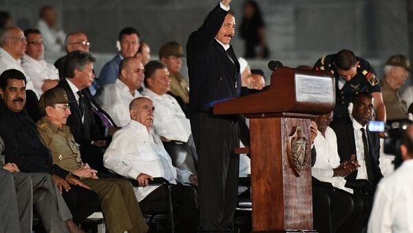 Nicaraguan President Daniel Ortega speaks during a gathering in memory of Cuban revolutionary leader Fidel Castro on Havana's Revolution Square - Sputnik International