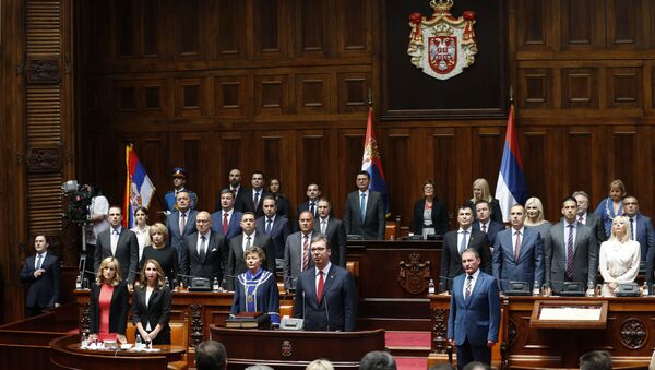 Serbia's newly re-elected President Aleksandar Vucic takes oath for a new term of office during an inauguration ceremony, in Belgrade, Serbia - Sputnik International