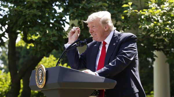 US President Donald Trump refers to amounts of temperature change as he announces his decision that the United States will withdraw from the landmark Paris Climate Agreement, in the Rose Garden of the White House in Washington, US, June 1, 2017. - Sputnik International