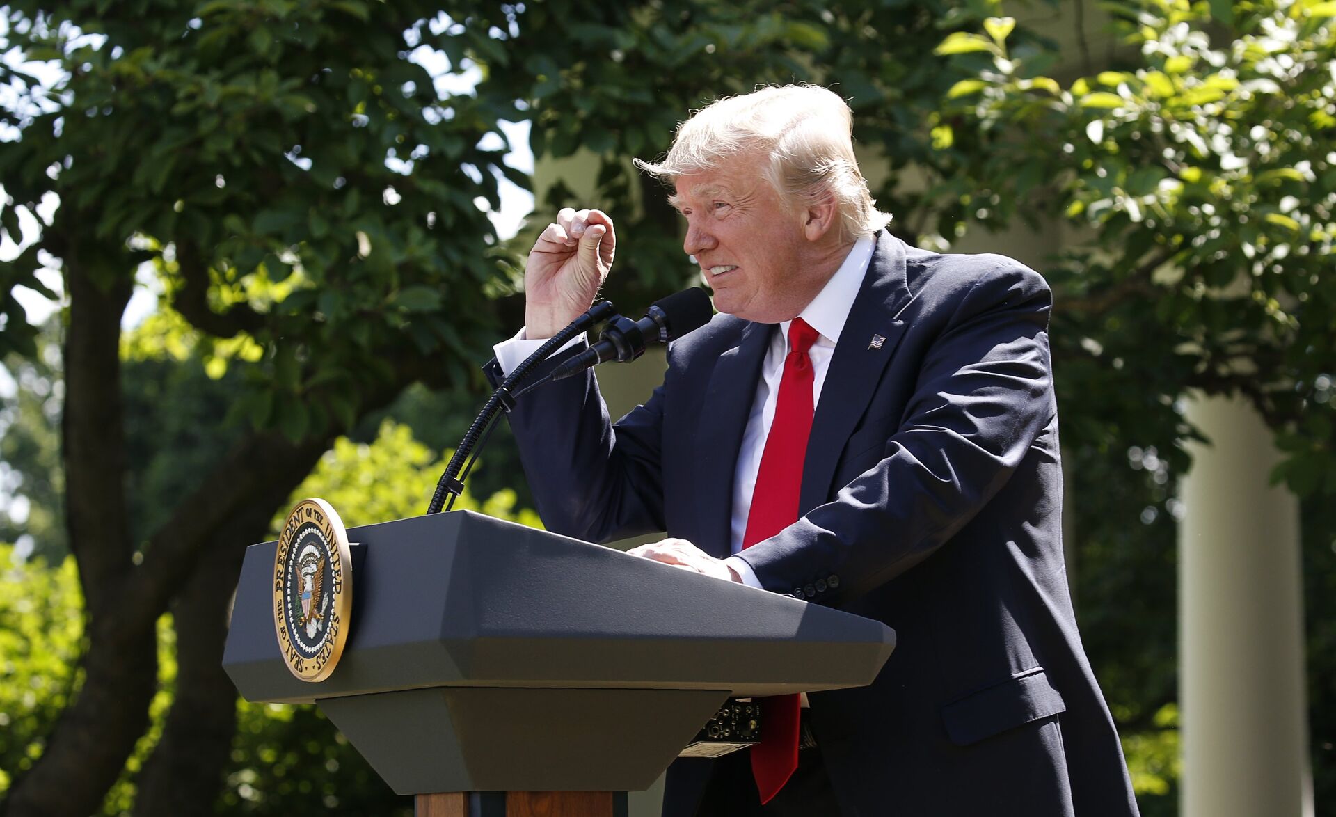 US President Donald Trump refers to amounts of temperature change as he announces his decision that the United States will withdraw from the landmark Paris Climate Agreement, in the Rose Garden of the White House in Washington, US, June 1, 2017. - Sputnik International, 1920, 08.11.2021
