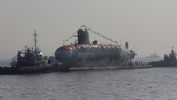 Khanderi, India’s second Scorpene class submarine is seen in the Arabian Sea after its launch at the Mazagon Dock Shipbuilders Limited in Mumbai, India - Sputnik International