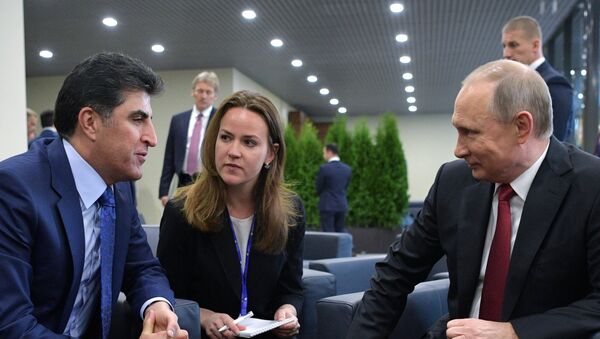 President Vladimir Putin and Prime Minister of the Kurdistan Regional Government of Iraqi Kurdistan Nechervan Barzani, left, meet at the ExpoForum exhibition center on the sidelines of the 2017 St. Petersburg International Economic Forum - Sputnik International