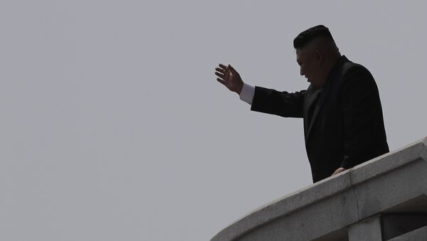 North Korean leader Kim Jong Un is seen in silhouette as he waves during a military parade in Pyongyang, North Korea - Sputnik International