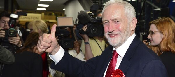 Britain's Labour party leader Jeremy Corbyn gestures as he arrives for the declaration at his constituency in London, Friday, June 9, 2017. Britain's Labour party leader Jeremy Corbyn gestures as he arrives for the declaration at his constituency in London, Friday, June 9, 2017. - Sputnik International