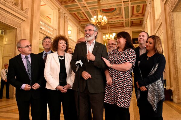 Sinn Fein President Gerry Adams speaks to media at Stormont Parliament buildings in Belfast, Northern Ireland June 12, 2017. Sinn Fein President Gerry Adams speaks to media at Stormont Parliament buildings in Belfast, Northern Ireland June 12, 2017. - Sputnik International