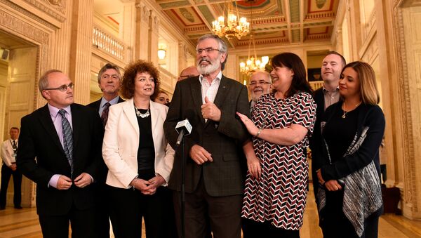 Sinn Fein President Gerry Adams speaks to media at Stormont Parliament buildings in Belfast, Northern Ireland June 12, 2017. - Sputnik International