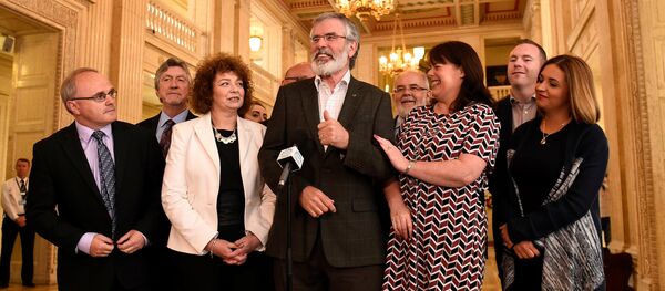 Sinn Fein President Gerry Adams speaks to media at Stormont Parliament buildings in Belfast, Northern Ireland June 12, 2017. Sinn Fein President Gerry Adams speaks to media at Stormont Parliament buildings in Belfast, Northern Ireland June 12, 2017. - Sputnik International