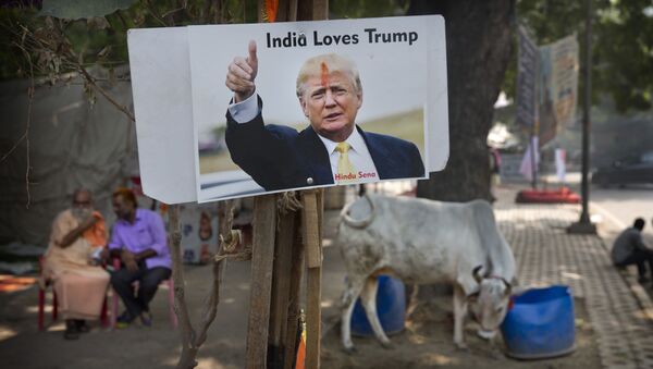 A photograph of U.S. presidential candidate Donald Trump is displayed by activists belonging to 'Hindu Sena' or Hindu Army, a local organization in anticipation of his victory in New Delhi, India, Wednesday, Nov. 9, 2016 - Sputnik International